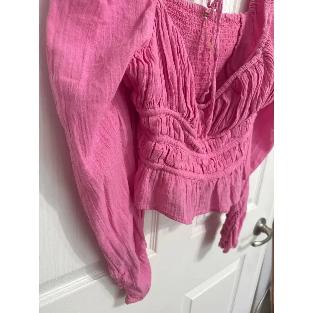 Free People Chole Cropped Top Blouse Ruffle Puffed Sleeves Smocked Pink Medium